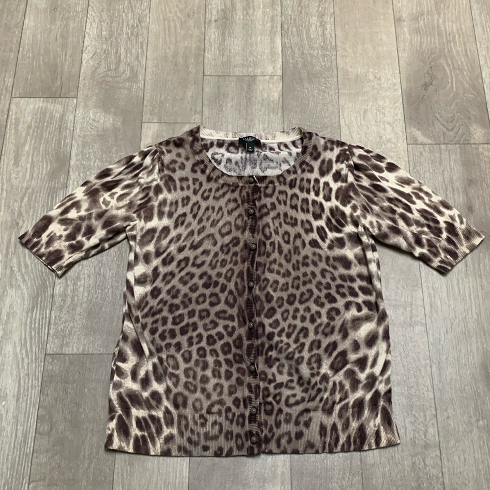 Womens Talbots Leopard Button Down‎ Short Sleeve Cardigan Sweater
